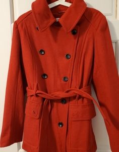 NEW YORK AND CO WOOL WAIST TIE RED PEA COAT